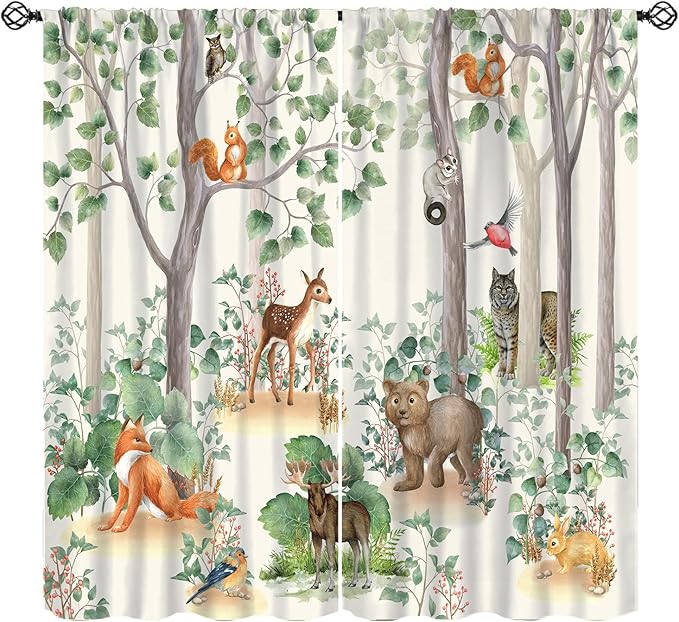 Woodland Animal Curtains, Cartoon Wild Rustic Forest Animals Pattern Blackout Window Treatments, Rod Pocket Thermal Insulated Drapes 2 Panel Sets for Kids Bedroom Nursery Classroom, 55" W X 63" L