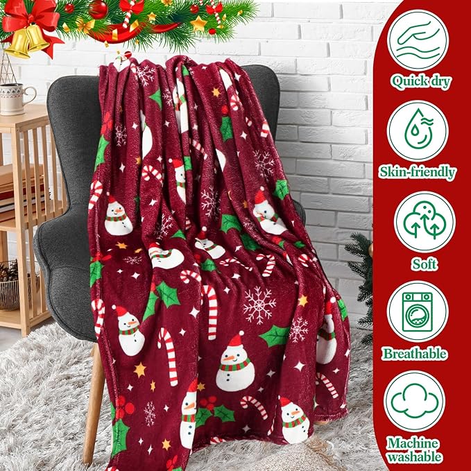 Buryeah 4 Pack Christmas Throw Blankets Bulk Snowman, Gifts, Santa, Gingerbread Man, Xmas Tree Soft Cozy Christmas Plush Flannel Blanket for Sofa, Bed, Couch, Home Decor Xmas Supplies, 50 x 60 Inches