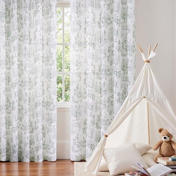 jinchan Linen Nursery Curtains 84 inch Long Woodland Wildlife Sage Green Print Drapes for Kid's Room Light Filtering French Country Farmhouse Curtains with Bunny and Forest Design Set of 2 Panels