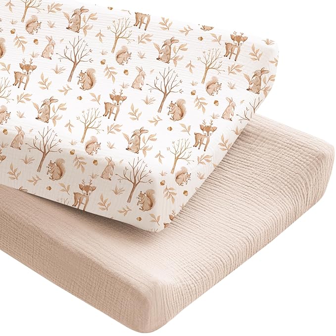 Konssy 2 Pack Muslin Changing Pad Covers for Boys, Ultra Soft & Breathable Cotton Baby Diaper Changing Table Covers, Neutral Nursery Diaper Changing Pad Sheets (Fall Forest,Wheat)