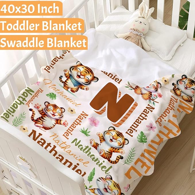 Personalized Custom Tiger Preschool Blanket Gifts for Baby Toddler Kids Boys Girls - Customized Tiger Super Soft Lightweight Flannel Sheets Decor for Crib Nap Couch - 30"x40" for Baby/Pets