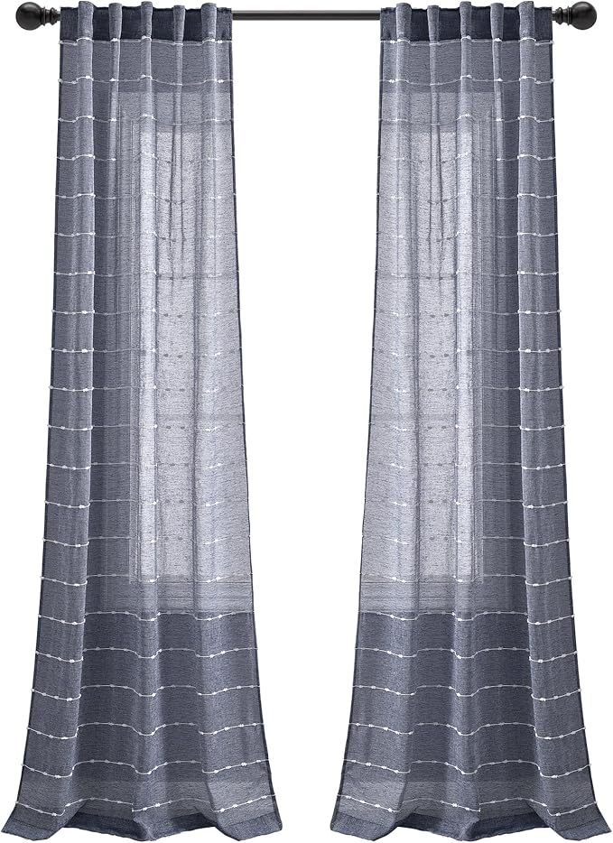 Lush Decor Farmhouse Textured Back Tab/Rod Pocket Sheer Window Curtain Panel Pair, 38"W x 84"L, Navy