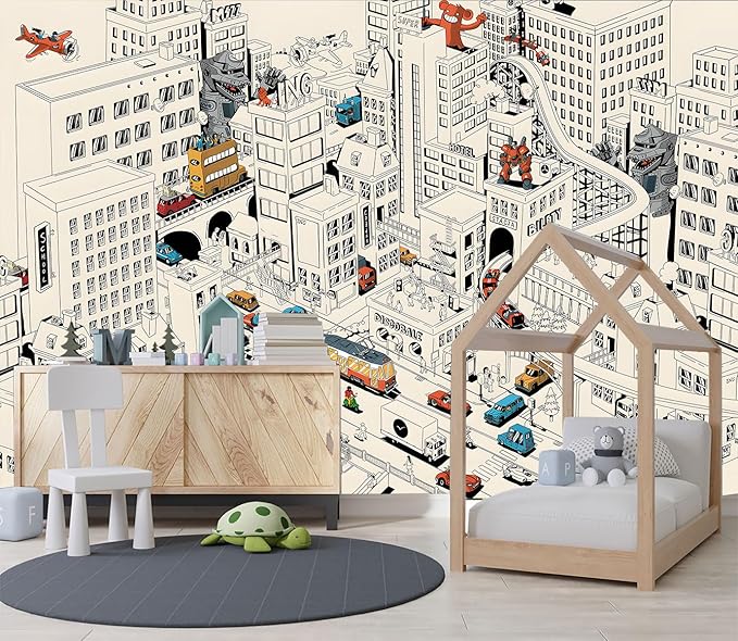 XMPMBM-Cartoon Comics City Nursery Room Fabric Wallpaper Kids Bedroom Hand-Painted Graffiti Wall Mural-W 176" X H 113"（138 Square Foot）
