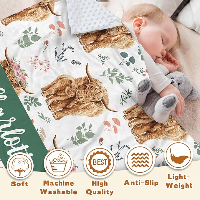 Personalized Baby Name Blanket for Boy Girl, Soft Flannel Blanket with Double Layer Dotted Backing for Infant Newborn, Nursery Crib with Floral Highland Cow Design, Gifts for New Mom(47" x60)