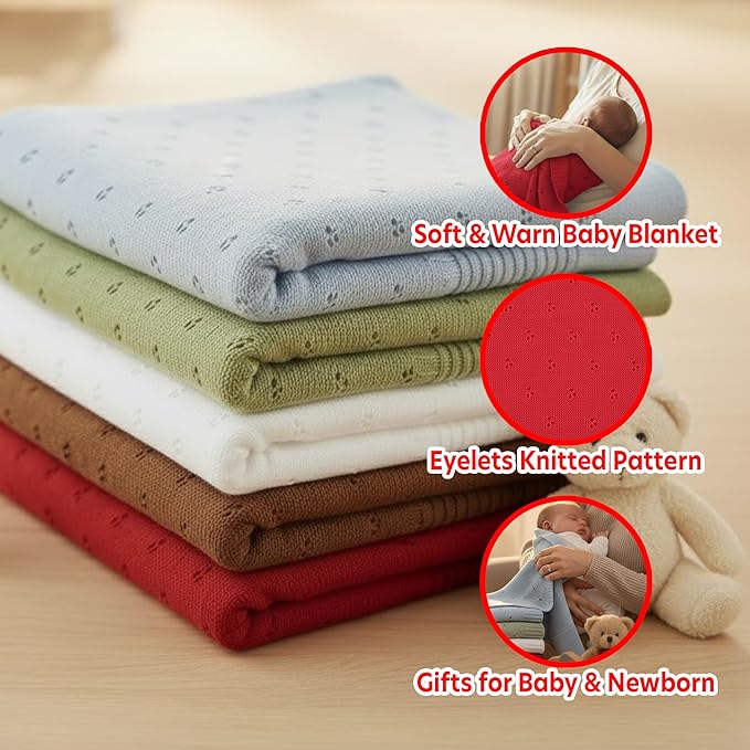 Baby Knit Blanket, 100% Cotton Eyelet Patterns, Soft, Cozy, Lightweight Swaddle for Newborn & Infant Swaddling Beige Neutral, Perfect Baby Shower Ideas Red 28x36