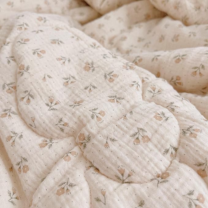 BuLuTu Kids Toddler Comforter Quilted 100% Cotton Toddler Blanket Vintage Floral Print Muslin Quilt for Child Teens Girls Boys, Soft Breathable, Sprout Pattern, 47x59 Inches