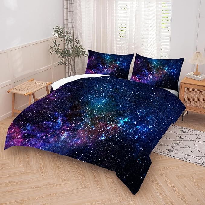 kxry Blue Purple 3D Galaxy Comforter Set King Size Outer Space Starry Sky Universe Bedding Sets for Girls Teens Kids 1 Comforter + 2 Pillow Cases