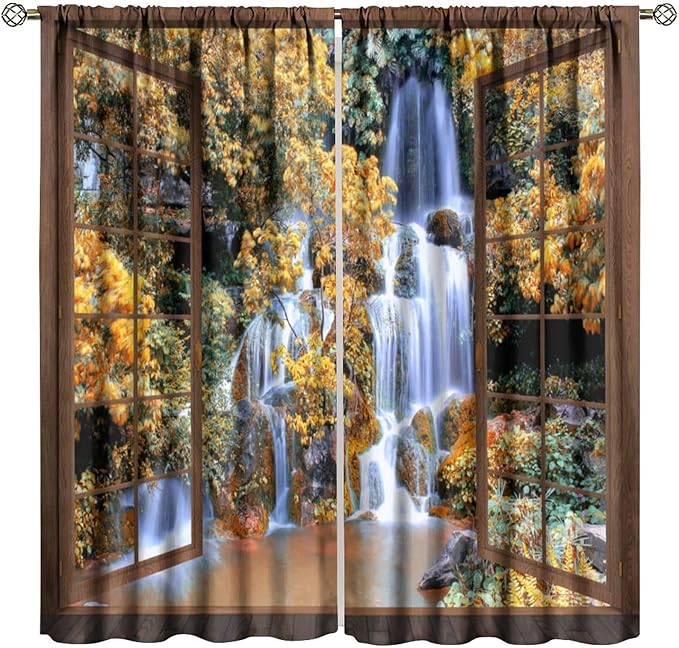 Waterfall Blackout Curtains, Waterfall Forest Landscape Wooden Window Print Pattern Window Drapes, for Bedroom Living Room 84" W X 84" L