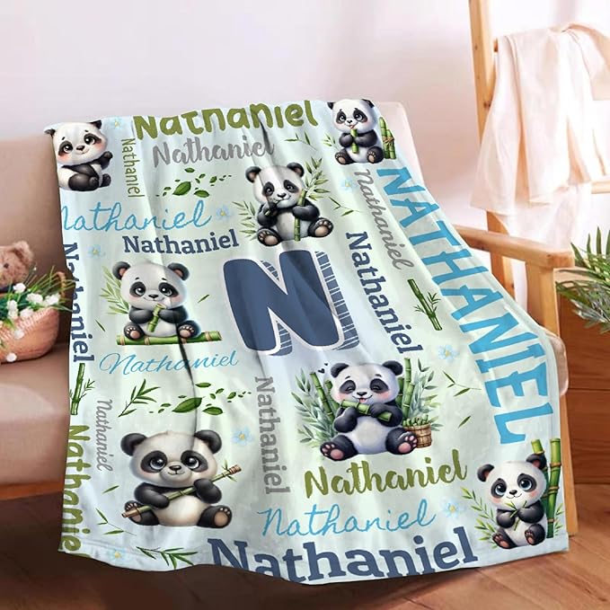Personalized Custom Panda Blanket Gifts for Kids Boys Girls with Name - Customized Panda Super Soft Lightweight Flannel Sheets Decor for Crib Nap Couch - 90"x120" for Whole Family