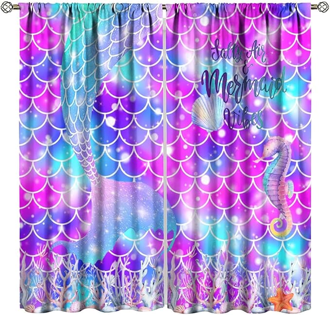 Dream Mermaid Curtains for Kids Boys Girls Ocean Theme Colorful Rainbow Fish Tail Blackout Window Treatment for Bedroom Nursery Room Decor Window Drapes 63" W X 72" L