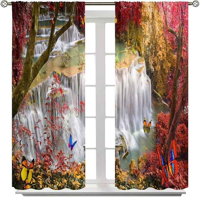Landscape Blackout Curtains, Nature Forest Waterfall Butterfly Scenery Pattern Rod Pocket Window Drapes, for Bedroom Living Room 42" W X 63" L