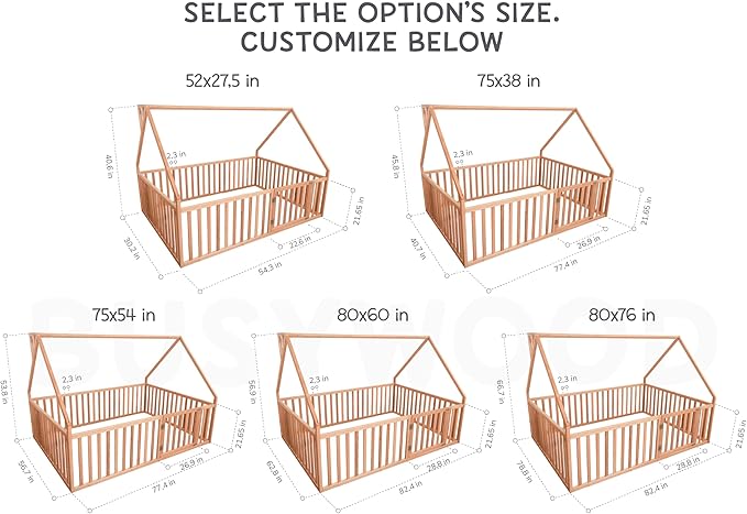 BUSY WOOD Montessori Bed with Railings - Floor Twin Bedframe for Toddlers 1-3 - Full Size Montessori Floor Bed, Queen, King, Small - 7 Colors (Model 17)