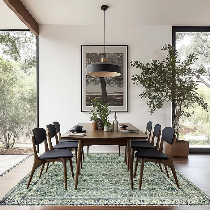 5x7 Area Rugs Washable Rugs for Living Room,Christmas Faux Wool Soft Moody Floral Boho Vintage Oriental Indoor Carpet Rug for Bedroom,5 by 7,Dark Emerald Green