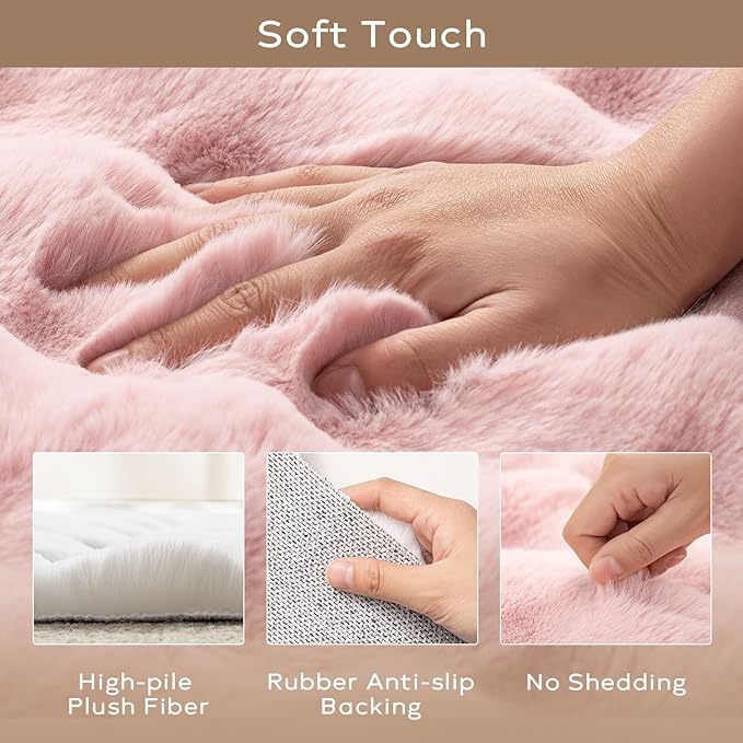 Ashler Faux Rabbit Fur Rug - Pink 6x9 FT Fluffy Soft Area Carpet, Rectangle Fuzzy for Living Room, Bedroom, Machine Washable Shaggy Nursery - 3D Bubble