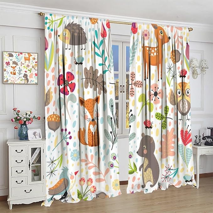 Jungle Animals Curtains, Cute Cartoon Animals Branches Blackout Window Treatments, Rod Pocket Thermal Insulated Drapes 2 Panel Sets for Kids Bedroom Nursery Classroom, 42" W X 45" L