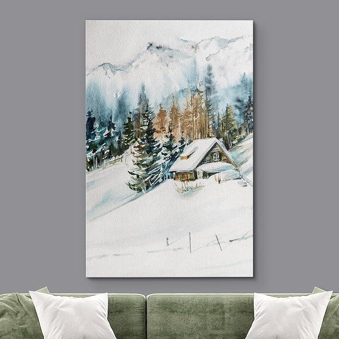 SIGNWIN Canvas Print Wall Art Woodland Nursery Decor Log Cabin Winter Snow Mountain Forest Nature Illustrations Modern Art Decorative Landscape Colorful for Living Room, Bedroom, Office - 32"x48"
