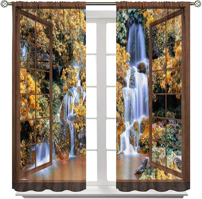 Waterfall Blackout Curtains, Waterfall Forest Landscape Wooden Window Print Pattern Window Drapes, for Bedroom Living Room 42" W X 63" L