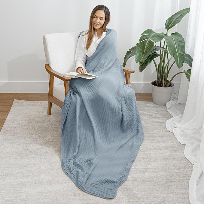 Comfy Cubs Muslin Throw Blanket - 50” x 60” Quilted Design - Lightweight, Breathable 6-Layer Gauze Fabric - Soft Cotton Blanket for Home or Travel - Packaged in Elegant Gift Box - Pacific Blue