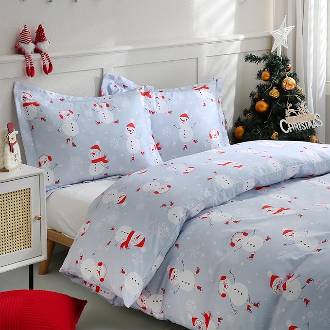 JSD Snowman Kids Duvet Cover Set Queen Size, 3 Piece Blue Printed Christmas Microfiber Comforter Cover with Pillow Shams Zipper Closure, Comforter Not Included