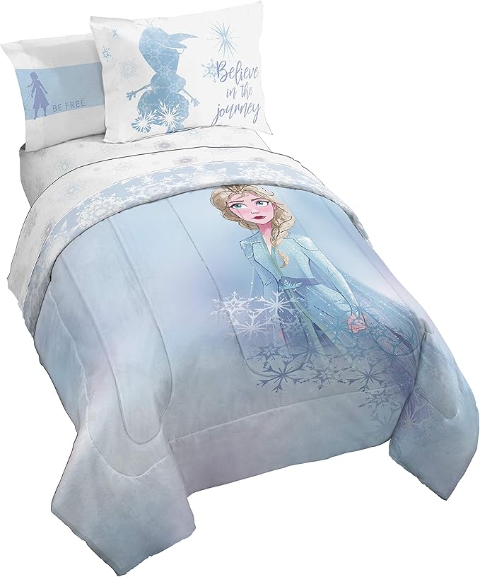 Disney Frozen 2 Elsa Color Block 5 Piece Twin Bed Set - Includes Reversible Comforter & Sheet Set Bedding - Super Soft Fade Resistant Microfiber - (Official Disney Product)