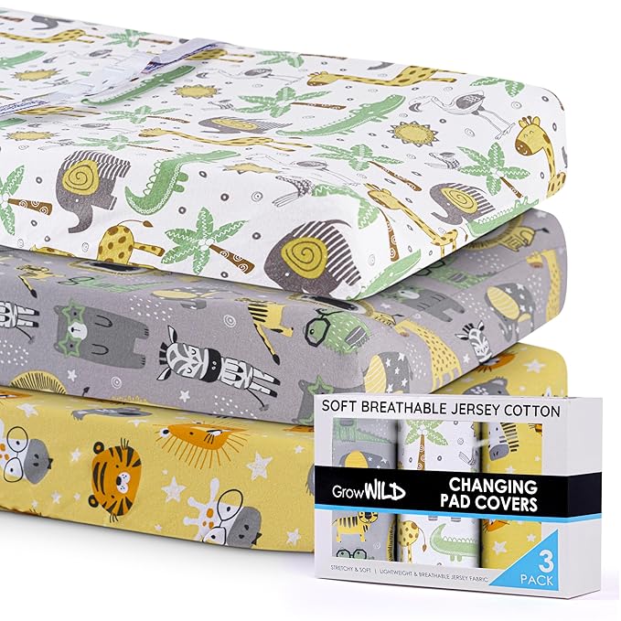 GROW WILD Changing Pad Cover 3 Pack | Soft & Stretchy Jersey Cotton | Baby Changing Table Pad Cover | Diaper Changing Pad Covers for Girls and Boys (Animals & Safari)