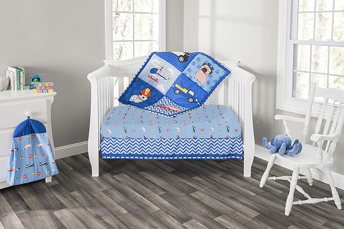 EVERYDAY KIDS 4 Piece Boys Crib Bedding Set - Little Rescuer - Includes Quilt, Fitted Sheet, Dust Ruffle and Diaper Stacker - Nursery Bedding Set - Baby Crib Bedding Set