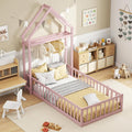 KOMFOTT Twin Size Floor Bed with House-Shaped Headboard, Kids Montessori Floor Bed with Detachable Clothes Hanger, Full Length Safety Guardrails, Door & Latch, Solid Wood Floor Bed Frame