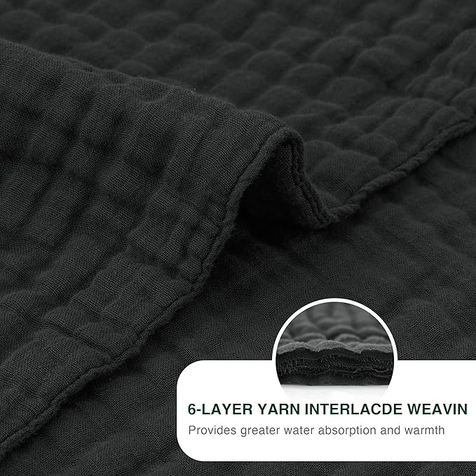 Love's cabin 6 Layer 100% Cotton Muslin Blanket, 90"x90" Muslin Blanket Queen for Couch Bed, Lightweight and Breathable Cotton Gauze for Adult, Black