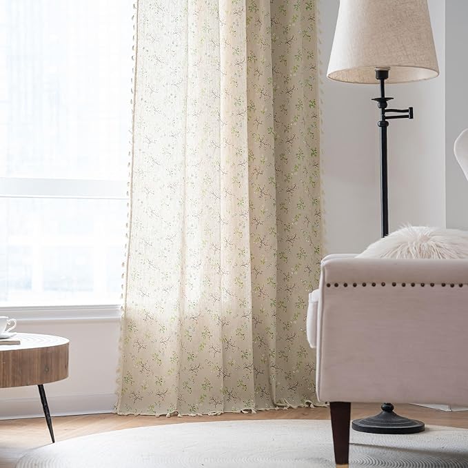 ENJOYBRIDAL Floral Living Room Curtains 84 Inches Long Doorway Vintage Semi Sheer Drapes Farmhouse Nursery Bohemian Window Curtain Panels with Tassel Beige Rod Pocket Bedroom Drapes, 1 Panel