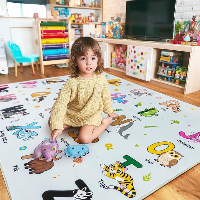 Kids Rugs for Playroom, 5x7 Feet Educational Rug for Learn The ABC Alphabet, Soft Machine Washable Non-Slip Cute Cartoon Animals Carpet for Classroom Toddler Nursery Kids Room Decor, Blue