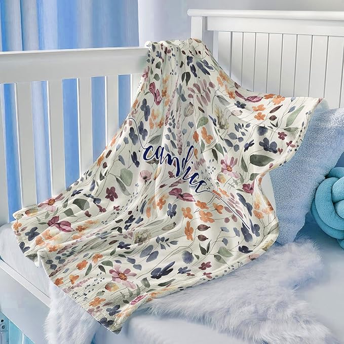 Ship Next Day, Personalized Baby Blanket for Girls, Custom Baby Girl Blanket with Name Retro Flowers, Newborn Receiving Swaddle Blankets, Customized Babies Shower Christmas Birthday Gifts