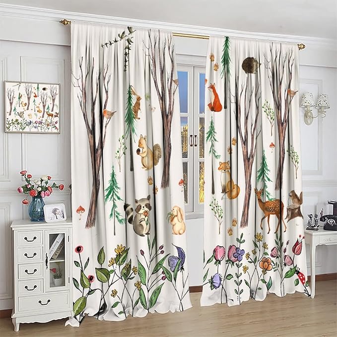 Forest Animal Kids Curtains, Watercolor Cartoon Window Treatments, Cute Animal Floral Girl Toddler Home Bedroom Living Room Drapes 42x63in