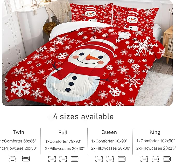 Comforter Set Christmas Snowman: Full Size Xmas Snowflakes Red Bedding Sets for Kids Teens Girls Boys Christmas Decor Winter Snow 3 Piece Quilt Bed Set 1 Comforter & 2 Pillowcases