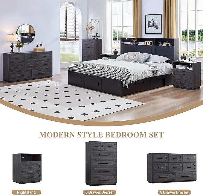 Grey 8 Drawers Dresser for Bedroom, 54" Wide Dressers & Chests of Drawers w/Solid Wood Handle, Mid Century Dresser TV Stand w/Natural Texture for Bedroom, Living Room