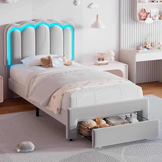 Twin Upholstered LED Bed Frame with Storage Drawer and Adjustable Chic Double Wavy Headboard, Velvet Princess Platform Bed for Girls/Kids, Solid Wood Slats Support, No Box Spring Needed, Grey