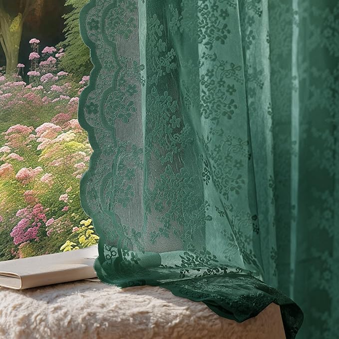 Anmao Vintage Lace Curtains 102 Inches Long 2 Panels, Romantic Semi Sheer Floral Lacy Curtain for Living Room, Elegant Window Drapes for Bedroom, Each Panel 55W x 102L, Turquoise