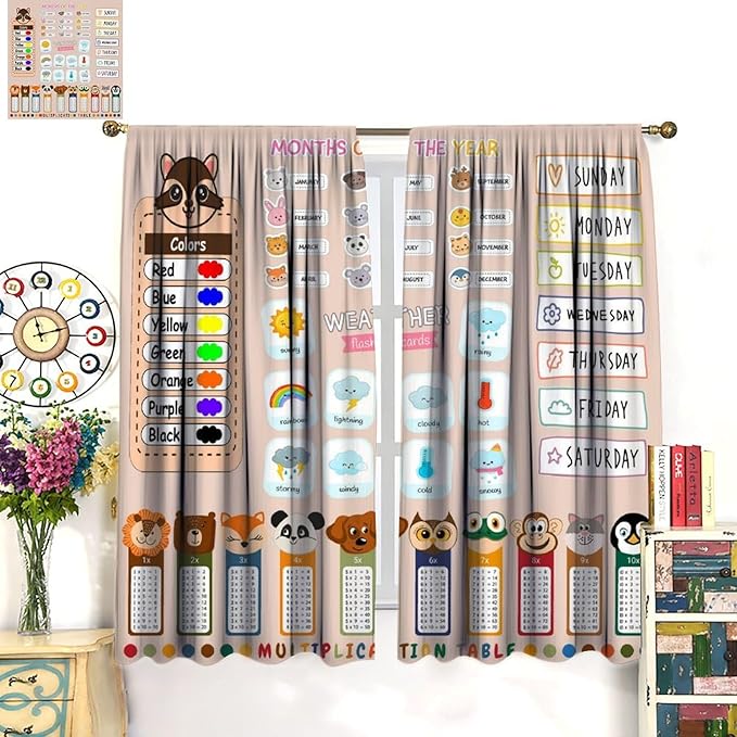 Funny Kids Educational Alphabet Curtain Cartoon Colorful Weather Multiplication Table Printed Rod Pocket Blackout Window Treatments for Bedroom Living Room 42" W X 45" L