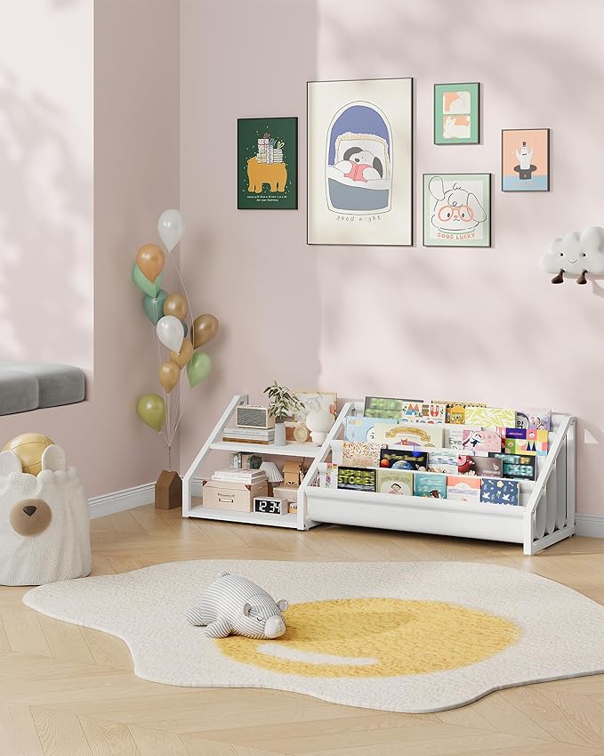 Kids Bookshelf, Book Shelf for Kids Rooms, Toddler Bookshelf with 2 Open Shelves and 4-Tier Sling Rack, for Kid Room, Nursery, Bedroom, Playroom, White TCW06WB