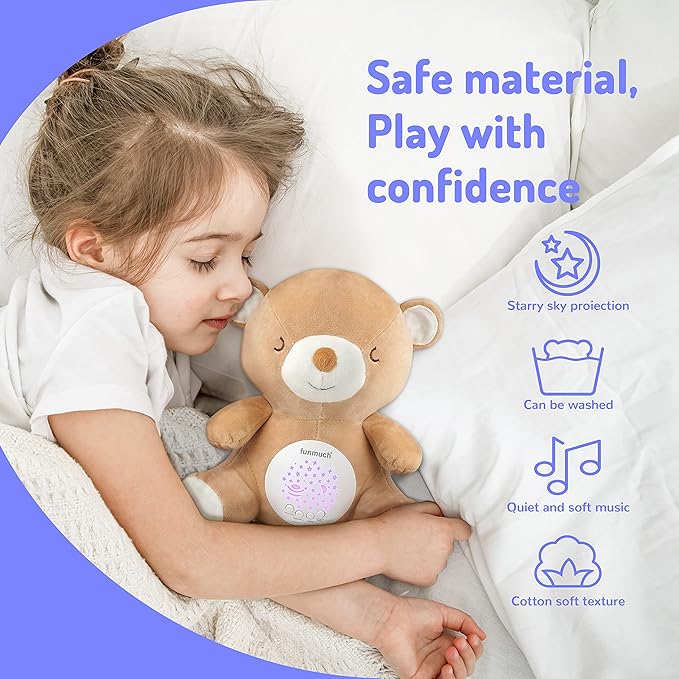 Teddy Bear Baby Soother - Sleep Soothing White Noise, Portable Night Light Projector and Melodies, Toddler Crib Lullaby Machine Sleeping Aid for Newborns and Up, Babies Stuffed Animal Plush Toy