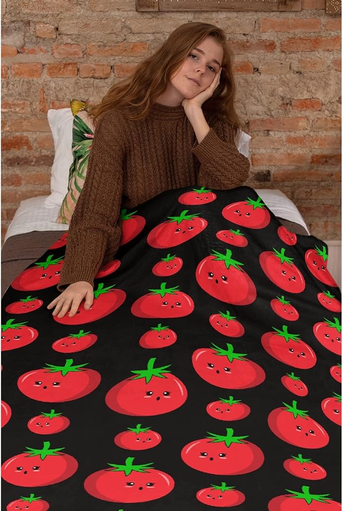 Thuswarm Cute Tomato Kawaii Black Flannel Throw Blanket Warm Cozy Soft Funny Print Blankets for Bed Couch Sofa Room Decoration Gifts 40”×30” XSmall for Pets