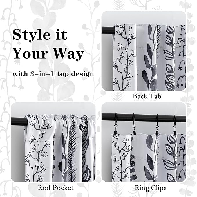 MEETSKY Boho Blackout Leaves Patterned Curtains 72 Inch Long 2 Panels Set for Bedroom, Room Darkening Dark Grey Drapes for Living Room, Thermal Insulated Rod Pocket Back Tab Window Treatment, 50"Wide