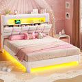 MSmask Full Upholstered LED Bed Frame with 2-Tier Storage Bookcase Headboard, Velvet Princess Bed with Crystal Button Tufted Headboard & Charging Station, Girls Platform Bed, Curved Legs, White