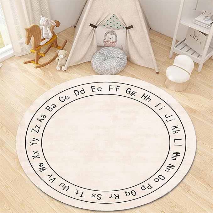 Children's Room Round Rug,5ft,Children's ABC Letter Educational Learning Round Rug, Non-Slip Washable Children's Room Play Rug, Suitable for Bedroom, Playroom, Boys and Girls Room Decoration