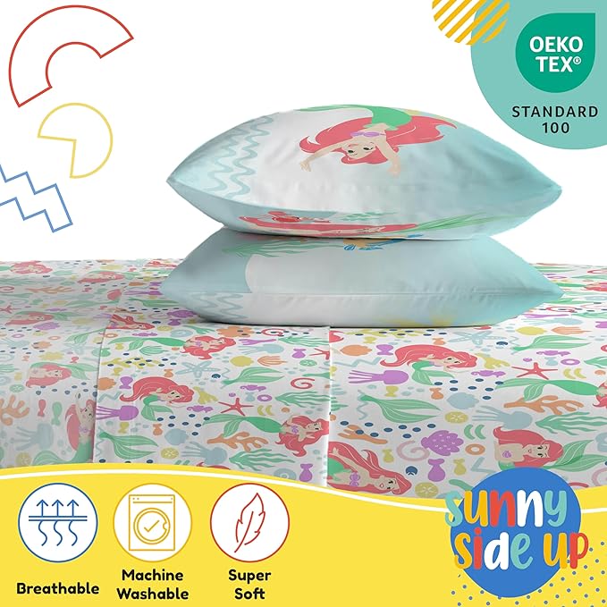 Sunny Side Up Disney The Little Mermaid Full Sheet Set - 4 Piece Kids Bedding Set Includes Pillow Cover - Super Soft Ariel Microfiber Sheets