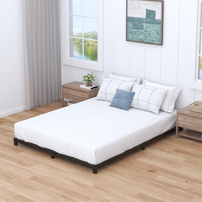 4 Inch Bed Frame Queen Size Low Profile, Queen Bed Frame No Box Spring Needed, Heavy Duty Metal, Easy Assembly, Black