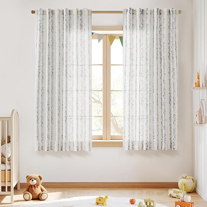 jinchan Linen Nursery Curtains for Living Room Boho Curtains for Bedroom Kids Room 63 Inches Long Geometric Printed Farmhouse Drapes Rod Pocket Window Treatment Curtain Set of 2 Panels Gray