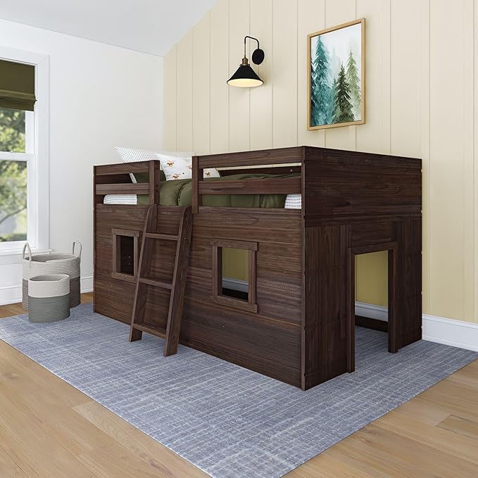 Max & Lily Modern Farmhouse Twin Low Loft Bed with Two Windows - Solid Wood, 15” Guardrails, 400-lb Capacity, Low-VOC Finish, Barnwood Brown