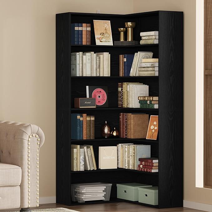 ANCTOR Corner Bookshelf, 6 Tiers Corner Bookcases with Baffles Etagere Shelf Storage Rack for Living Room Home Office, Black