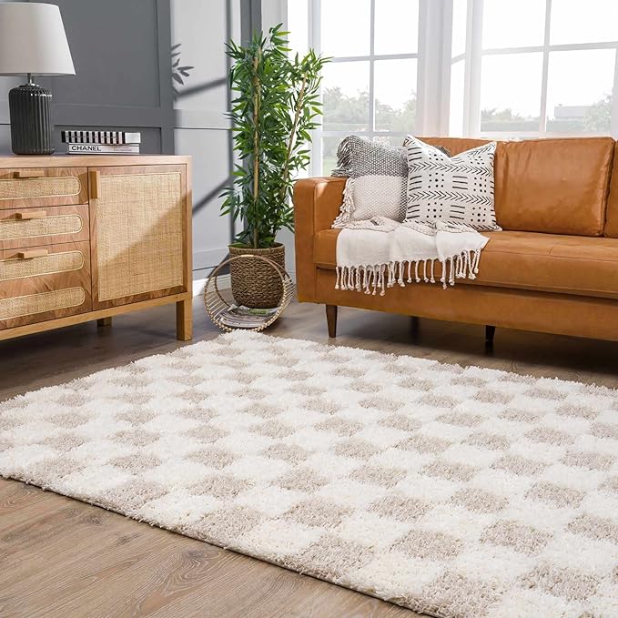 BoutiqueRugs Atira Checkered Shag Runner Rug - Cream, Light Beige, Light Brown - 2'7" x 20' Runner