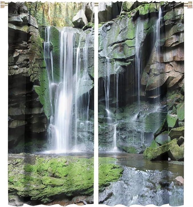 Forest Waterfall Blackout Windows Curtains, Rocky Waterfall to Pond Running Off Scenic Nature Themed Picture Print Curtains, for Living Room Bedroom 55x63in 2 Panels